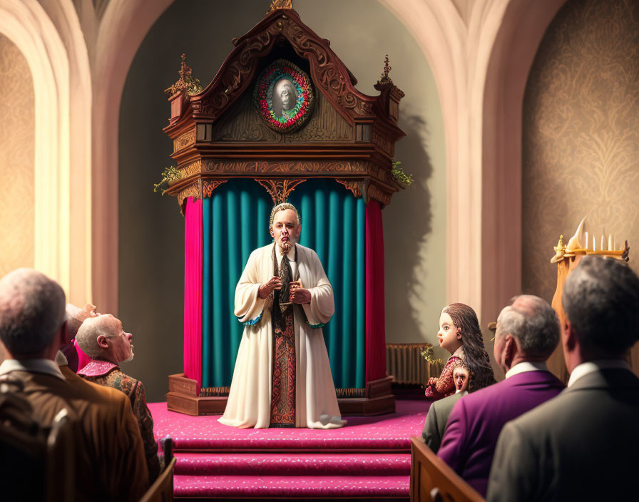 Religious Ceremony: Priest with Young Girl and Congregants in Ornate Church Setting