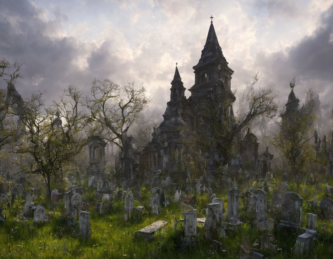 Weathered gravestones in old, overgrown cemetery at sunset