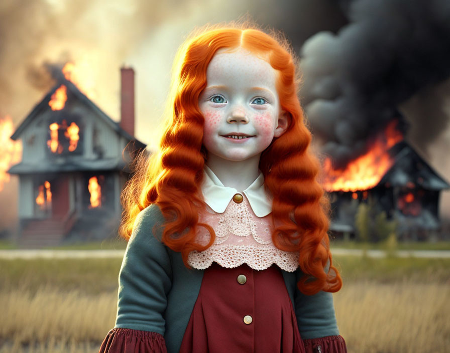 Young girl with red hair and freckles in front of burning house.