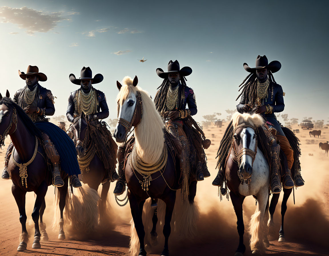 Cowboys riding horses in desert with flying bird under clear sky