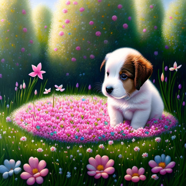 Puppy in a Meadow of Pink and White Flowers