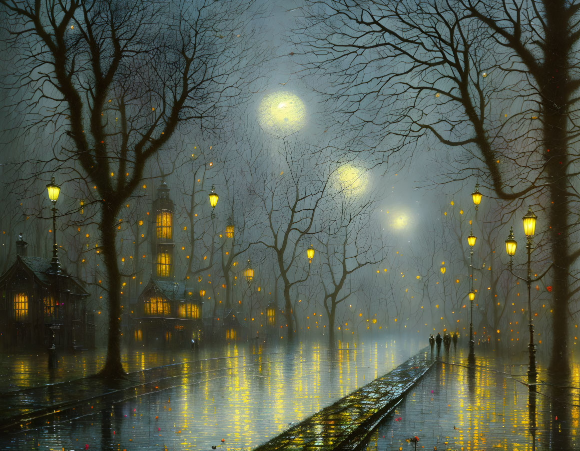 Misty illuminated street with glowing lamps and falling leaves.