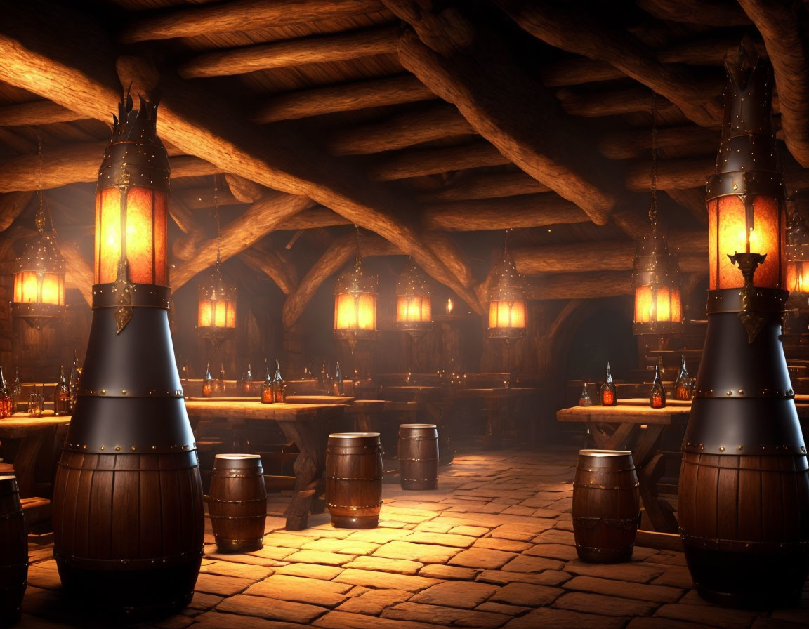 Cozy Medieval Tavern Interior with Lanterns and Wooden Beams