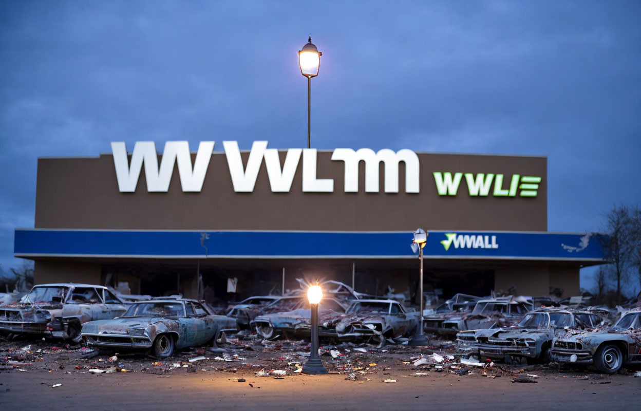 Abandoned parking lot with wrecked cars and damaged building.