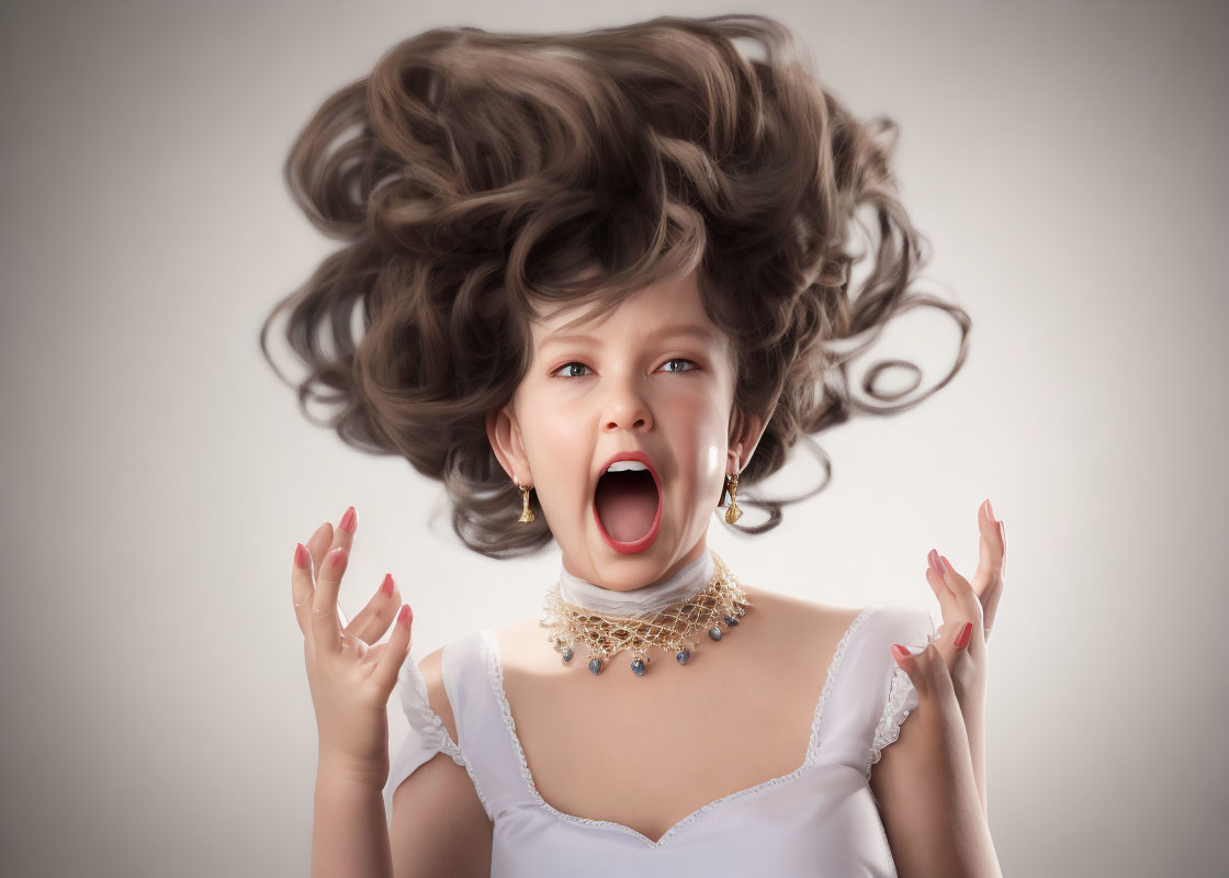 Young girl with flowing brown hair and wide eyes in white dress.