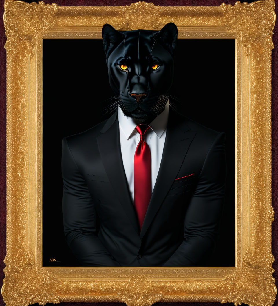 Stylized black panther with human-like features in suit and tie framed in ornate gold frame