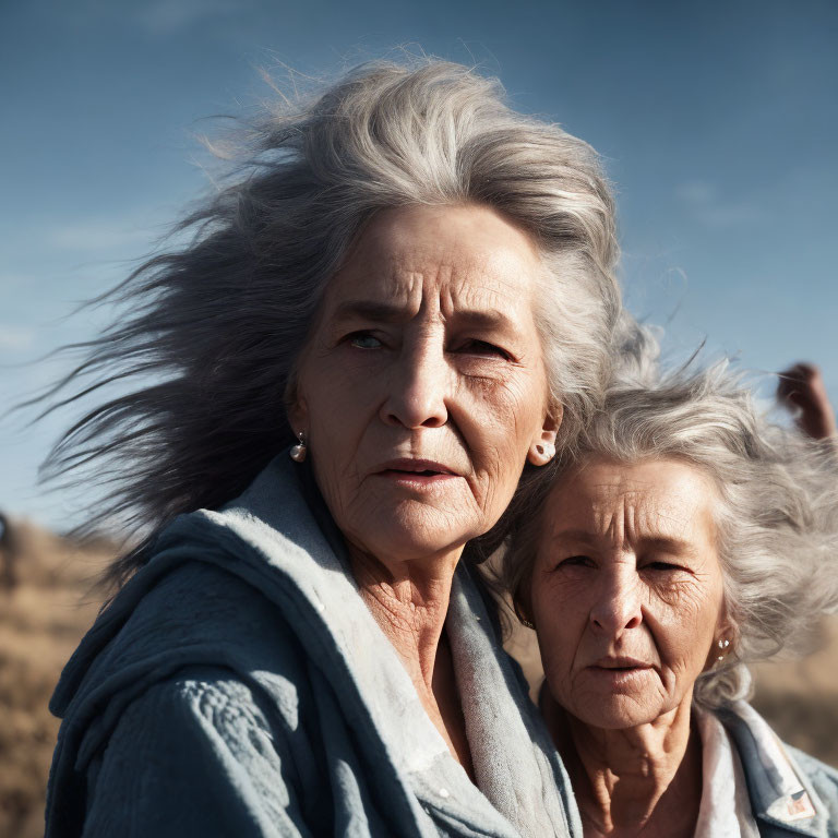 Elderly women with windswept hair in outdoor portrait