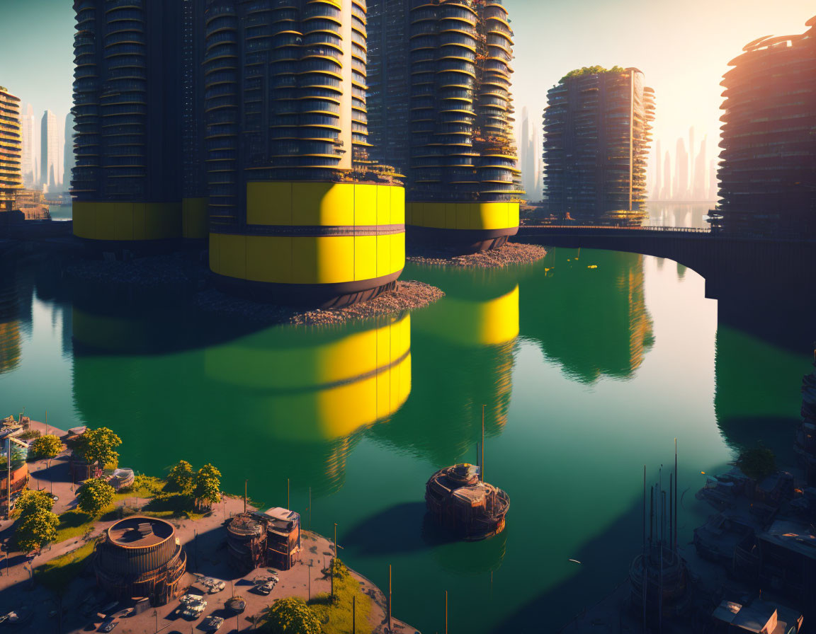 Futuristic cityscape with cylindrical buildings by green river at sunrise