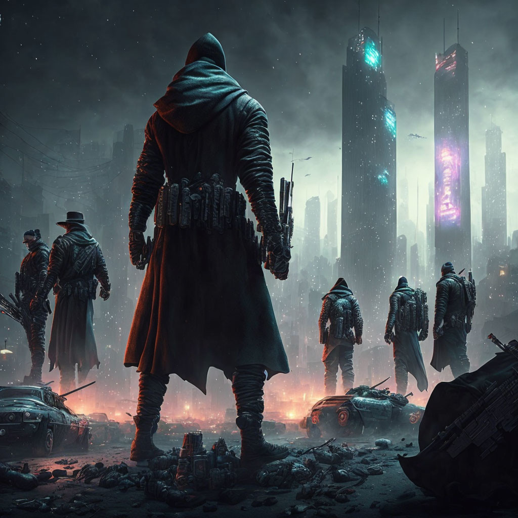 Futuristic cloaked figures in dystopian cityscape