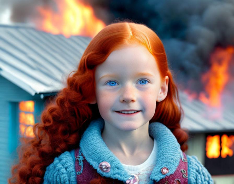 Young girl with red hair and blue eyes smiling in front of burning house