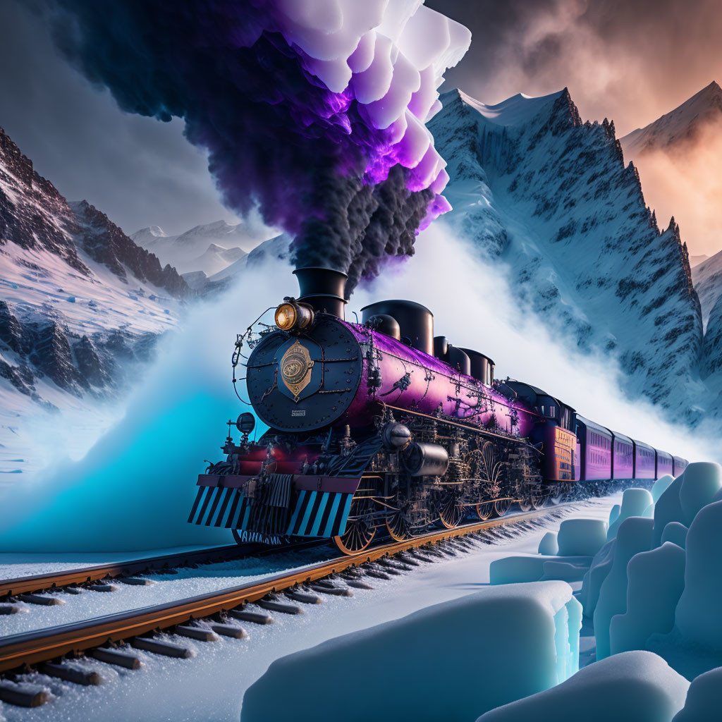 Vintage train with purple smoke in snowy mountain landscape