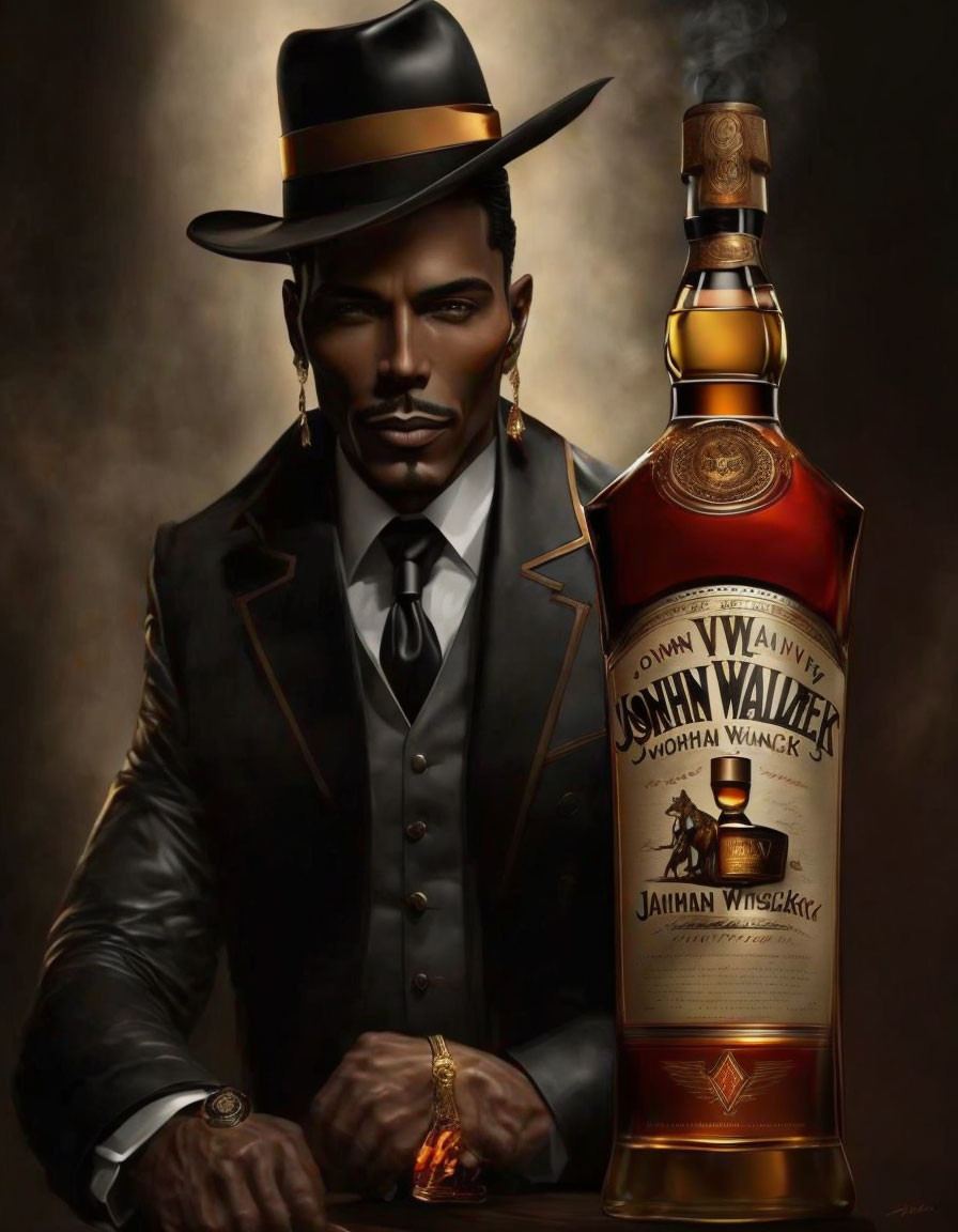 Illustrated male figure in suit and fedora with whiskey bottle