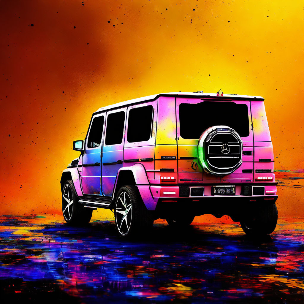 Vibrant Mercedes-Benz G-Class SUV on orange and yellow gradient background