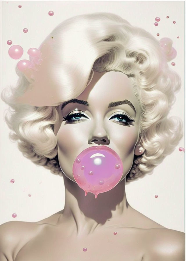 Vintage hairstyle woman blowing pink bubble gum bubble in light background.