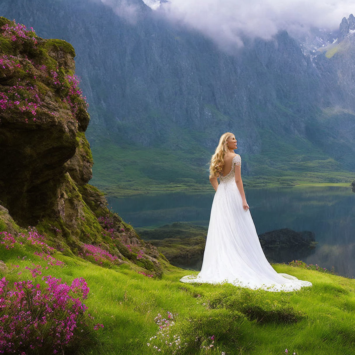 Woman in white gown on green hillside overlooking mountain lake