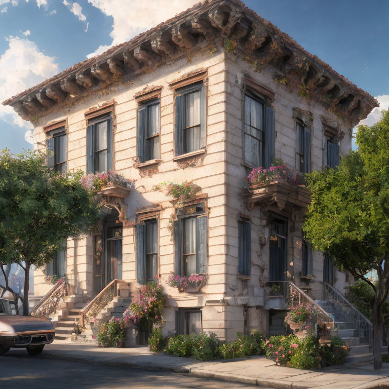 Classical architecture corner building with blooming balcony flowers