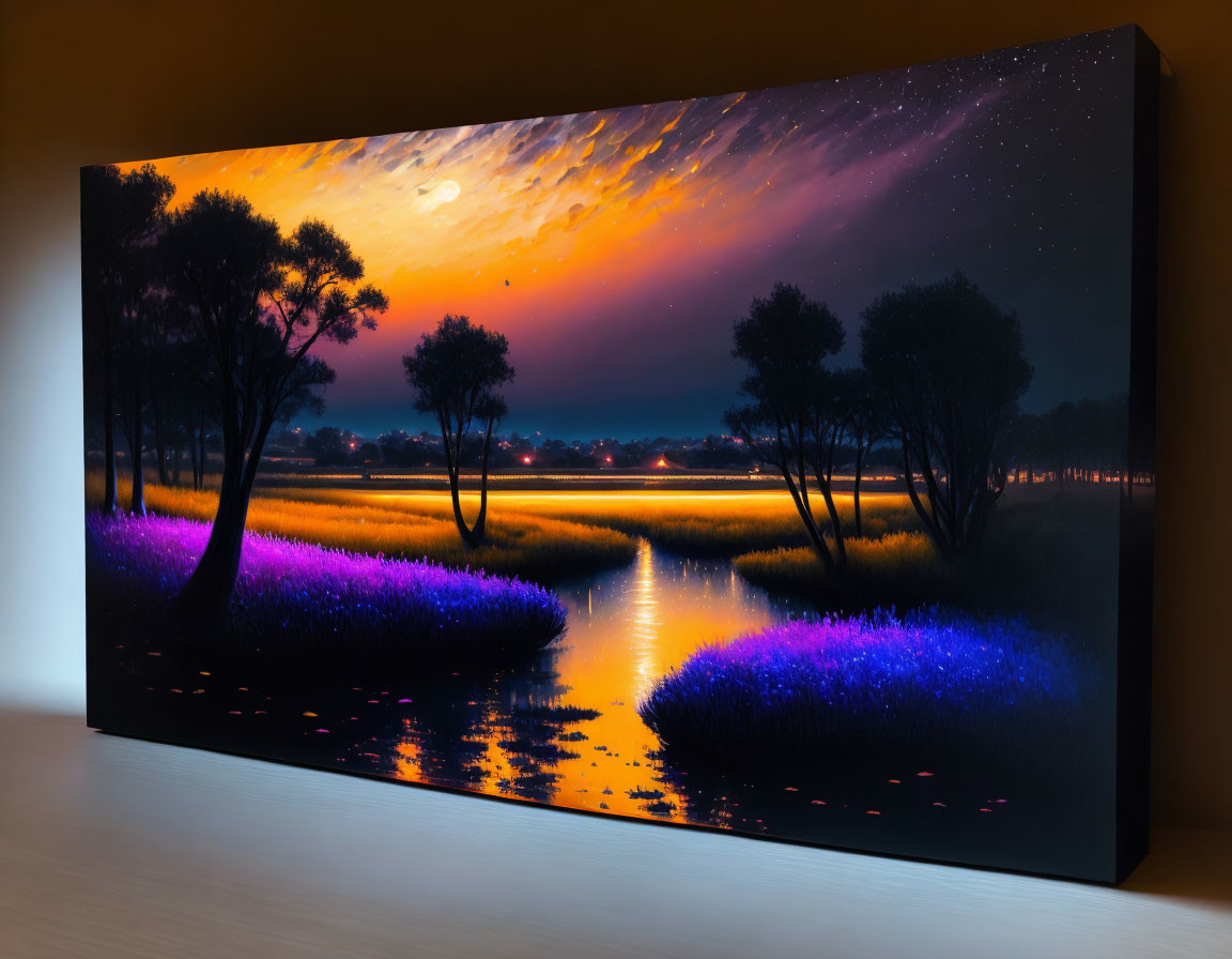 Twilight scene canvas art with silhouetted trees and starry sky