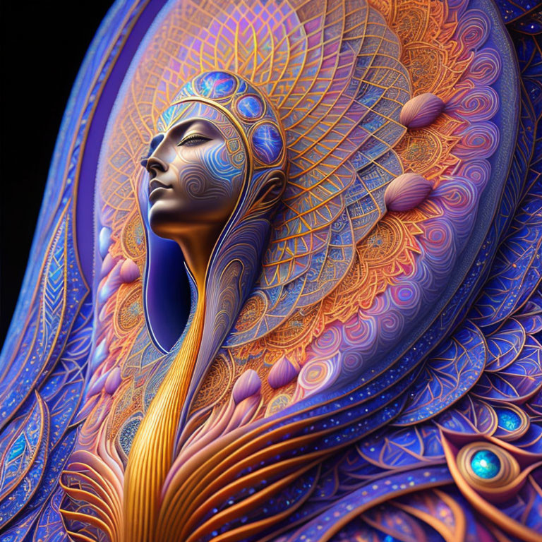 Colorful digital artwork of stylized female figure with blue and orange patterns and ornate details