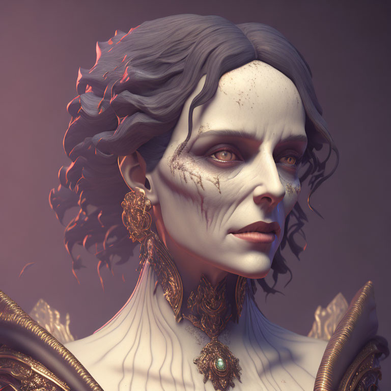 Detailed Fantasy Digital Portrait of Woman with Pale Skin and Gold Jewelry