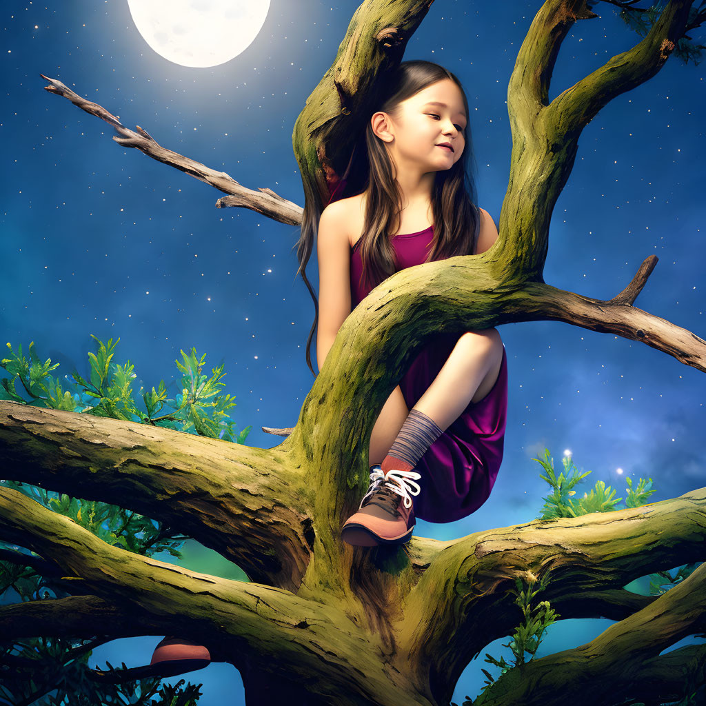 Girl in purple dress on gnarled tree branch under night sky with moon and stars