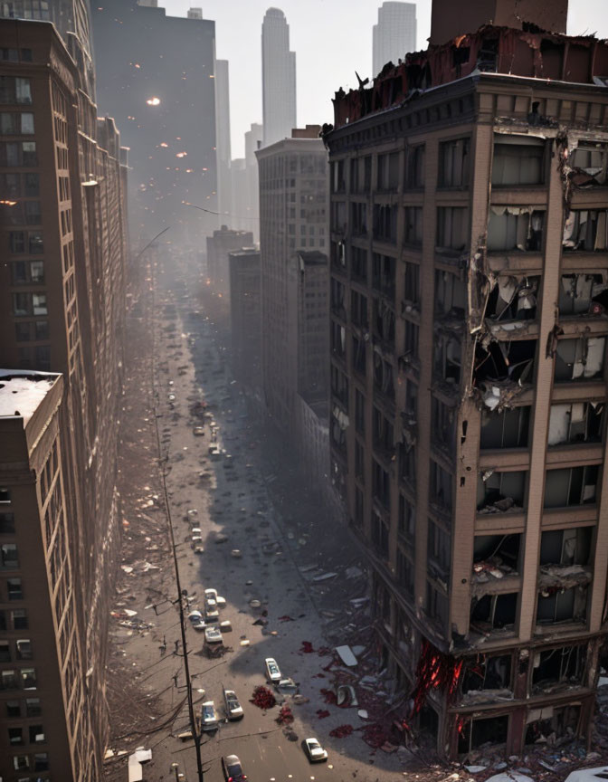 Destroyed city street with debris and fires after a disaster