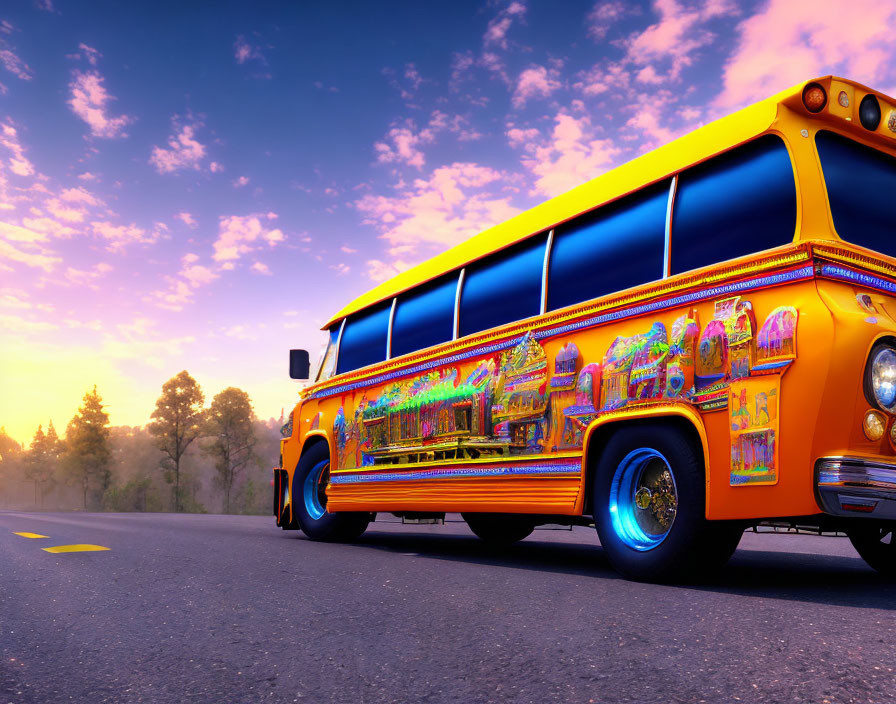 Colorful Decorated Yellow Bus Parked on Road at Sunset