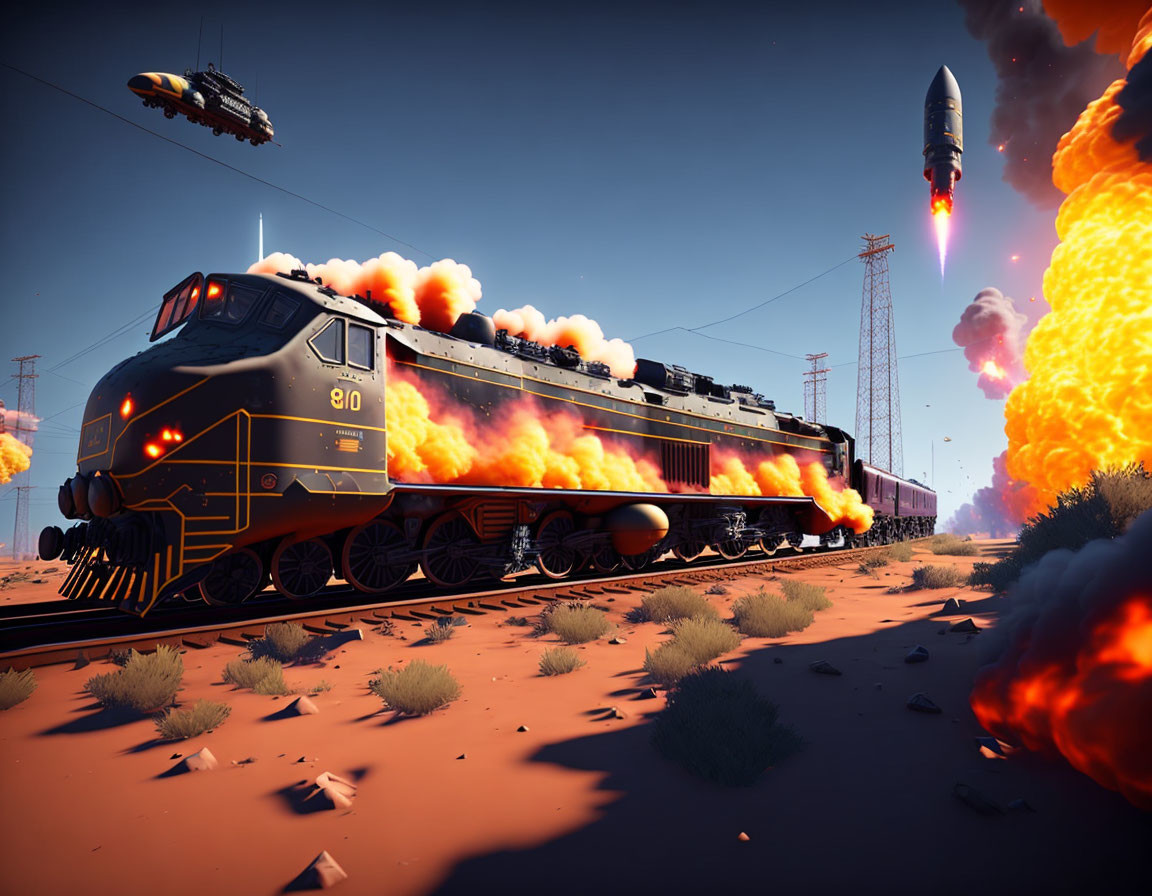 Vintage Train Races Through Desert with Rocket Launch and Airship