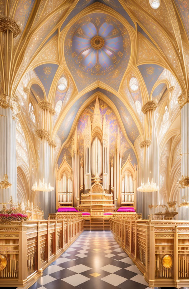 Gothic church interior with organ, stained glass, chandeliers, and golden accents