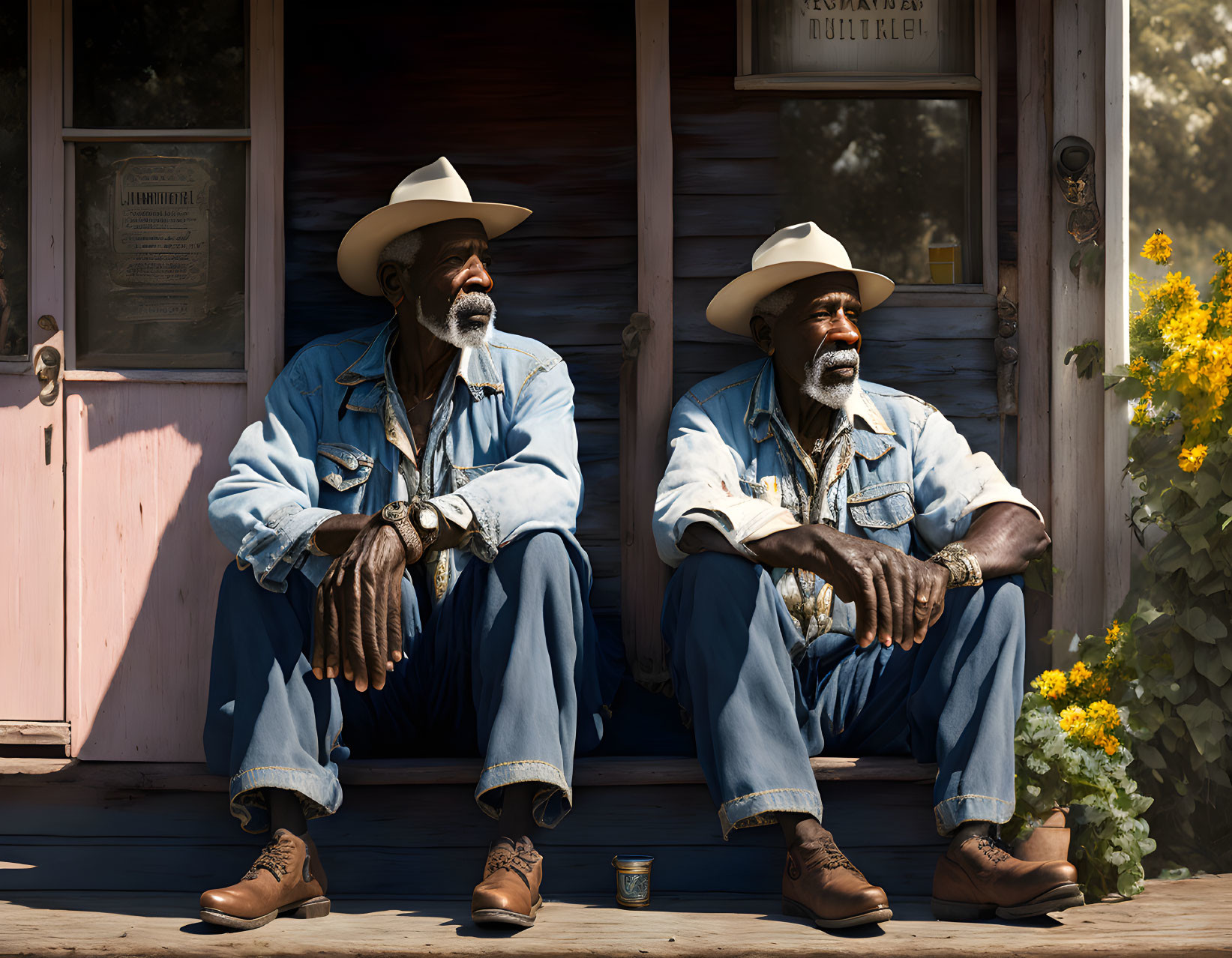 Two men in cowboy attire on porch with yellow flowers.