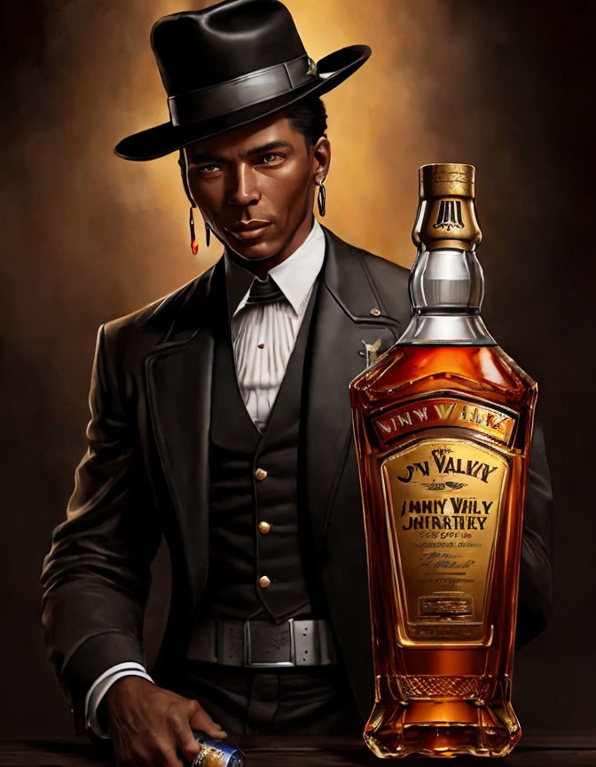 Illustrated character in black suit and fedora with blue dice and 'Jimmy Whily Whiskey'