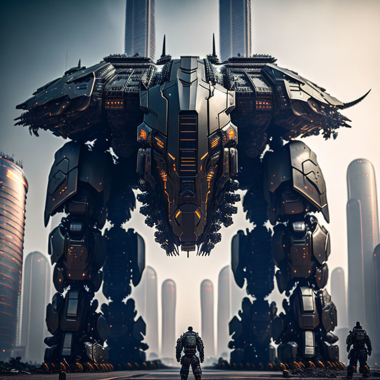 Giant futuristic mech confronts soldiers in urban landscape.