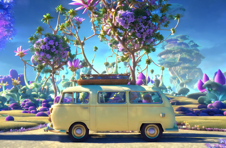 Vintage Yellow Van in Vibrant Whimsical Landscape