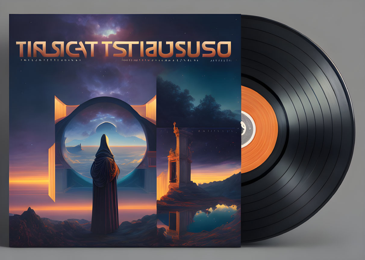 Vinyl record and album cover featuring cosmic gate design with cloaked figure and ethereal landscapes