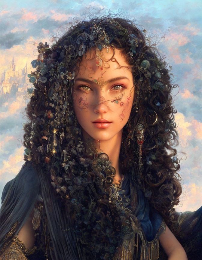 Fantasy female character portrait with curly hair, facial tattoos, and ornate jewelry against cloudy sky