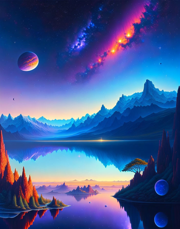 Surreal digital art: vibrant landscape with luminous trees, mountains, reflective lake, galaxy,