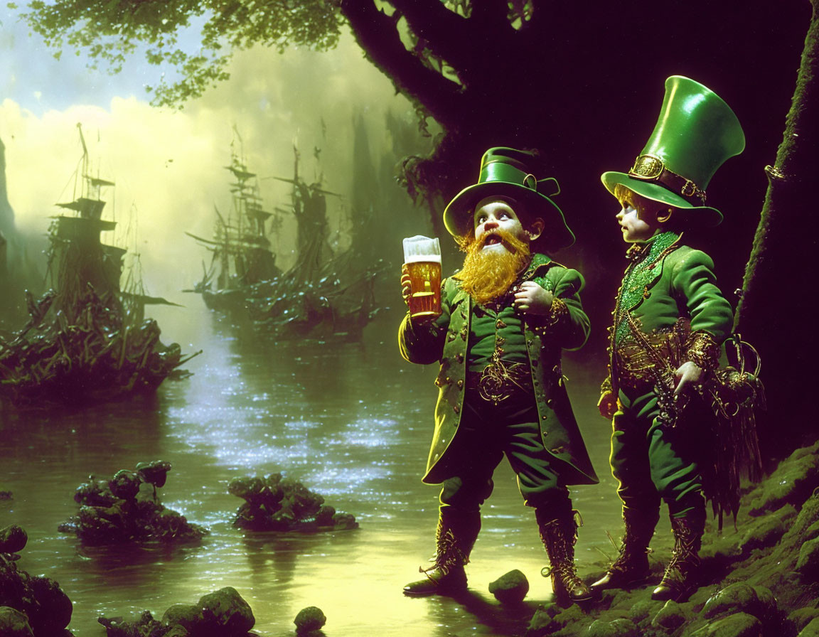 Two leprechaun costumes by water, one holding beer, old ships in misty background