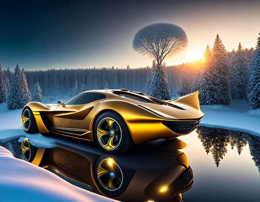 Golden sports car by tranquil lake at sunset with snowy forest and unique round tree.