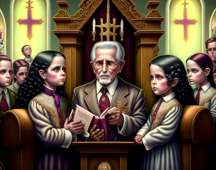 Illustration of solemn children with a man in church-like setting