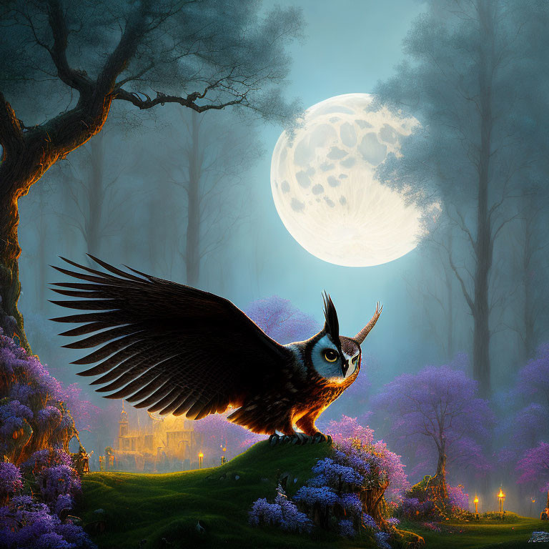 Majestic owl flying under full moon over misty forest and castle