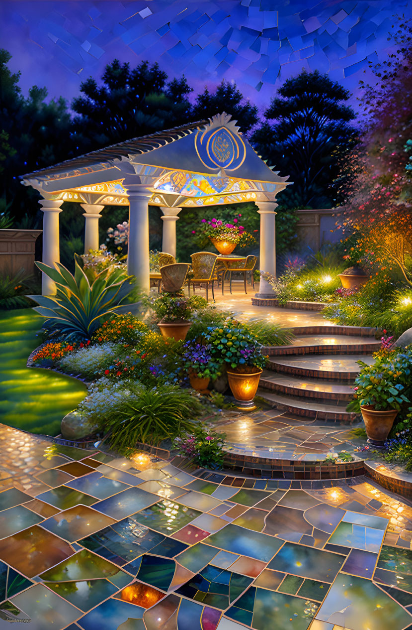 Twilight garden with tiled pathway, illuminated gazebo, lush plants, twinkling lights, starry