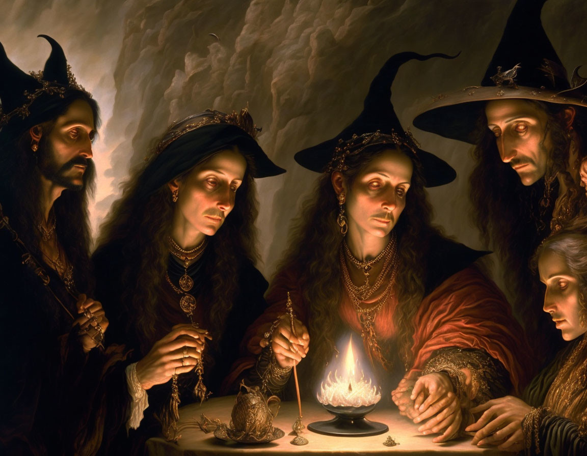 Group of individuals in witch costumes around candle flame