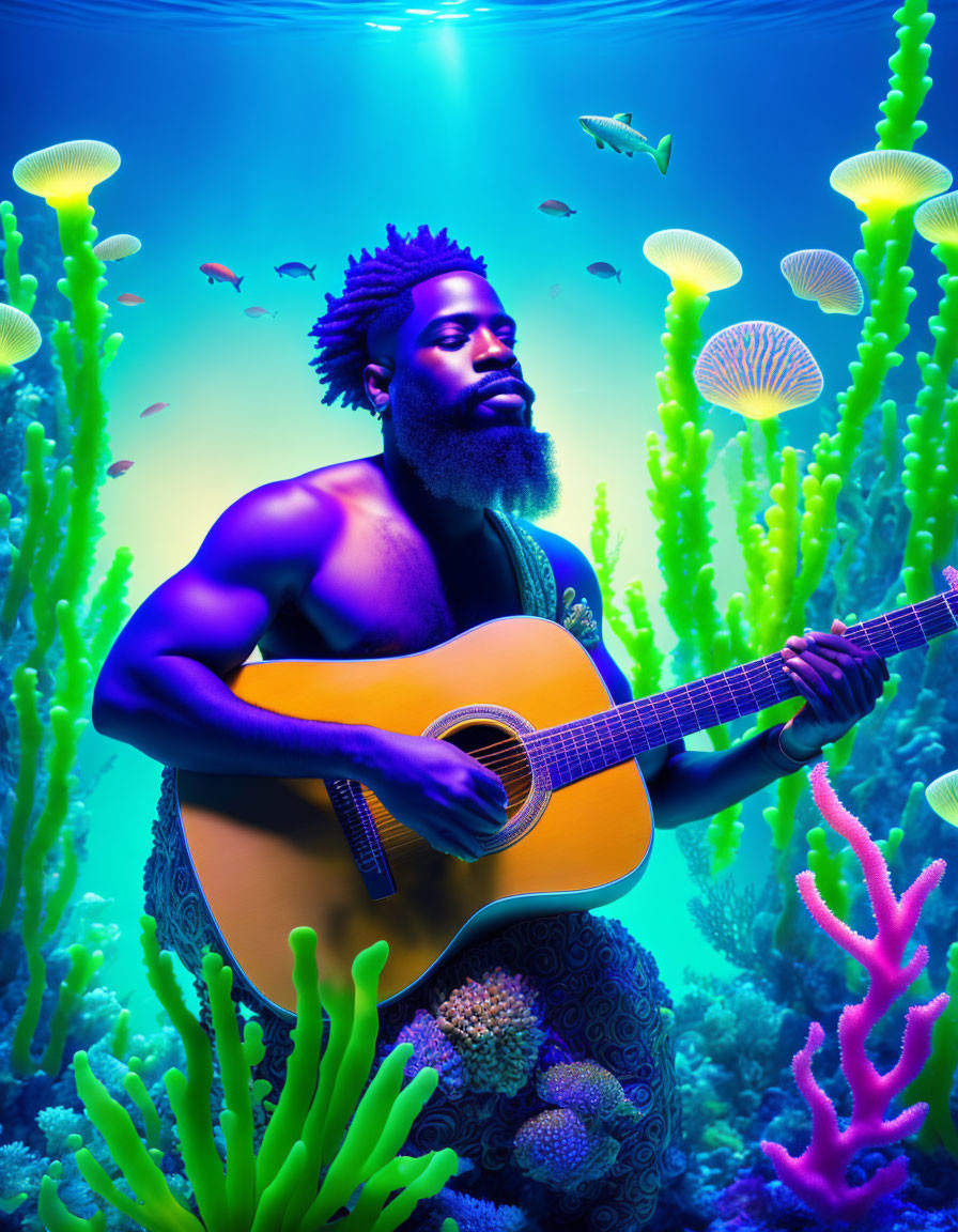 Bearded man with guitar among vibrant underwater sea life