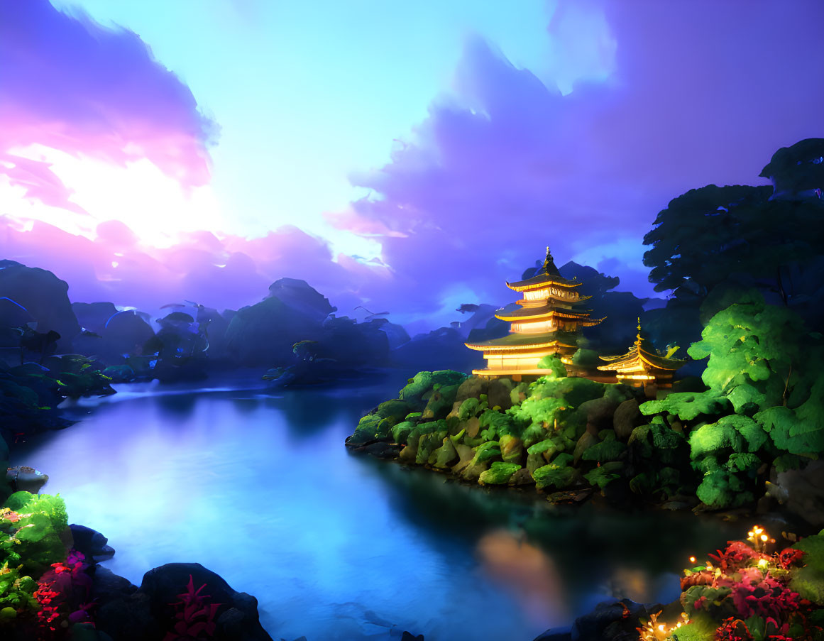 Twilight scene: illuminated pagoda and pavilion by calm lake