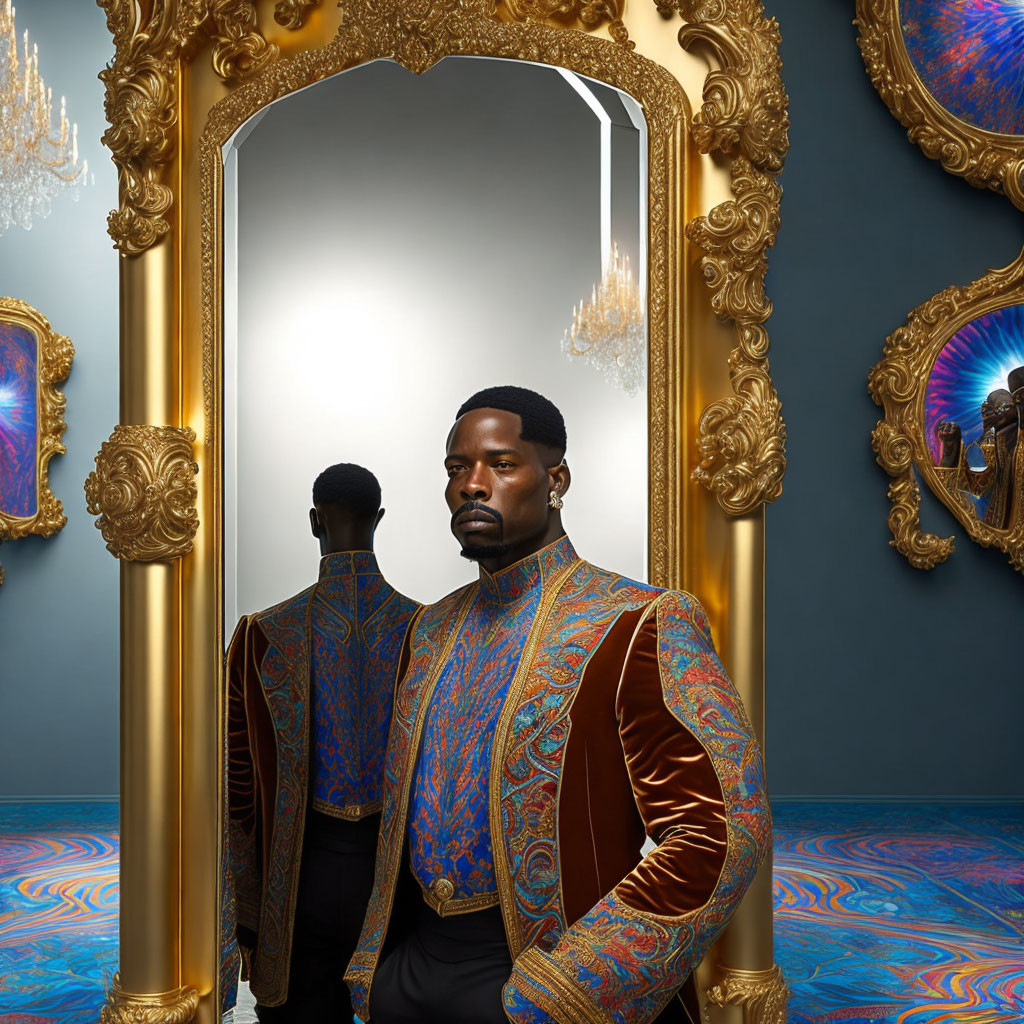 Stylish man in patterned jacket by ornate mirror in luxurious setting