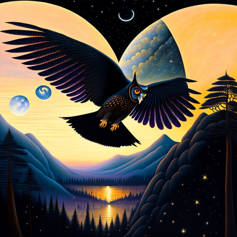 Owl flying in starry night sky over mountain landscape