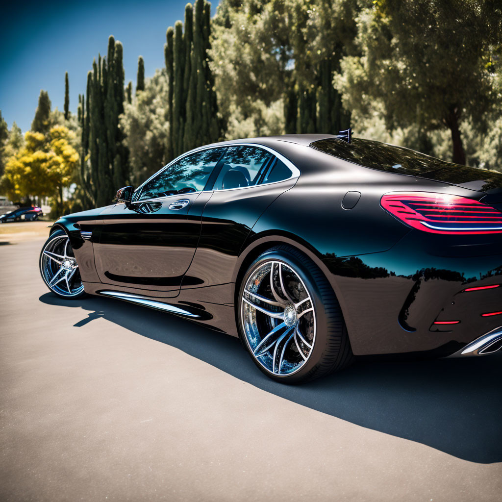 Luxury black coupe with chrome wheels under sunlight and cypress trees