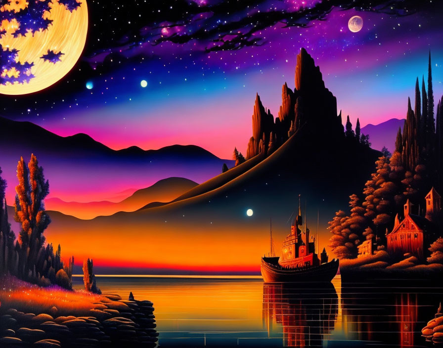 Night scene with yellow moon, stars, sailing ship, houses, mountains, and sunset sky reflected on