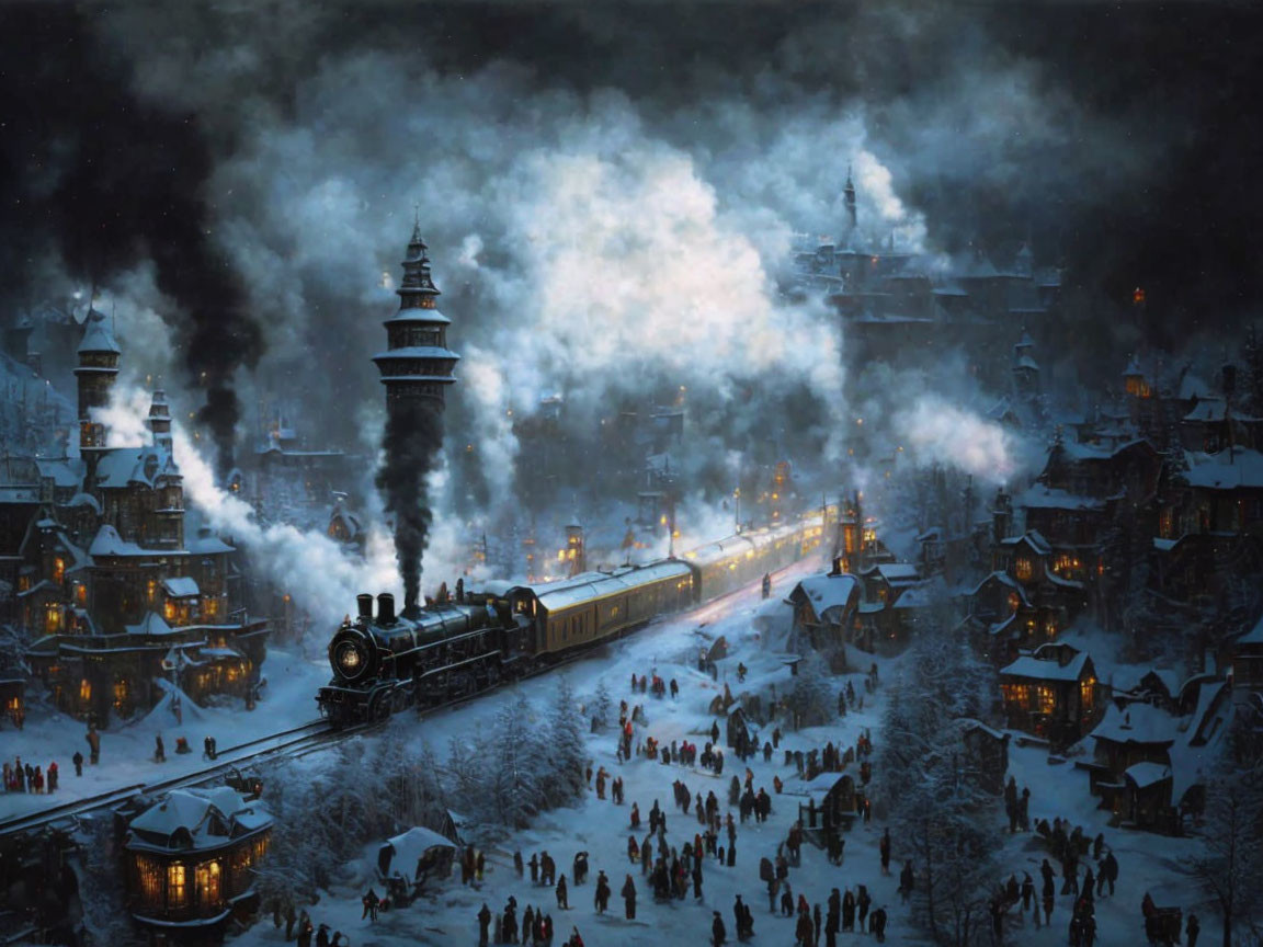 Vintage train emits smoke in snowy night village