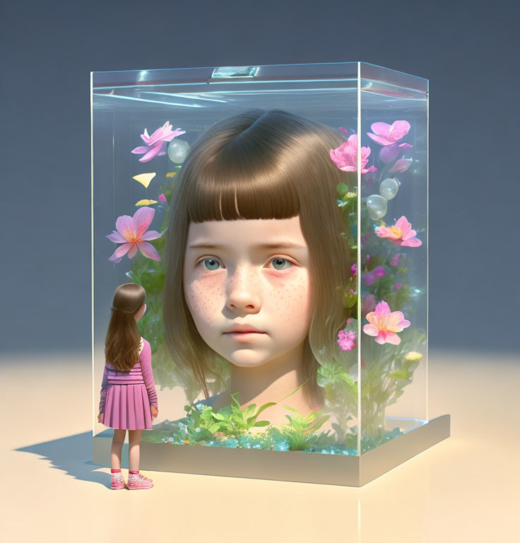 Young girl in surreal setting with giant head and flowers in glass cube