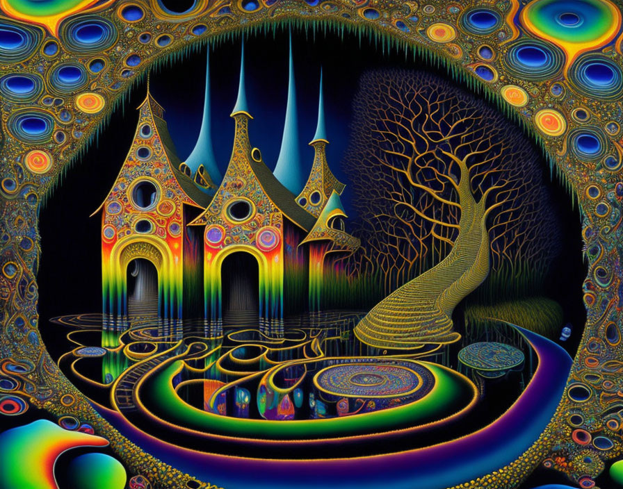 Colorful Psychedelic Art: Ornate Structures, Swirl Tree, Starry Background